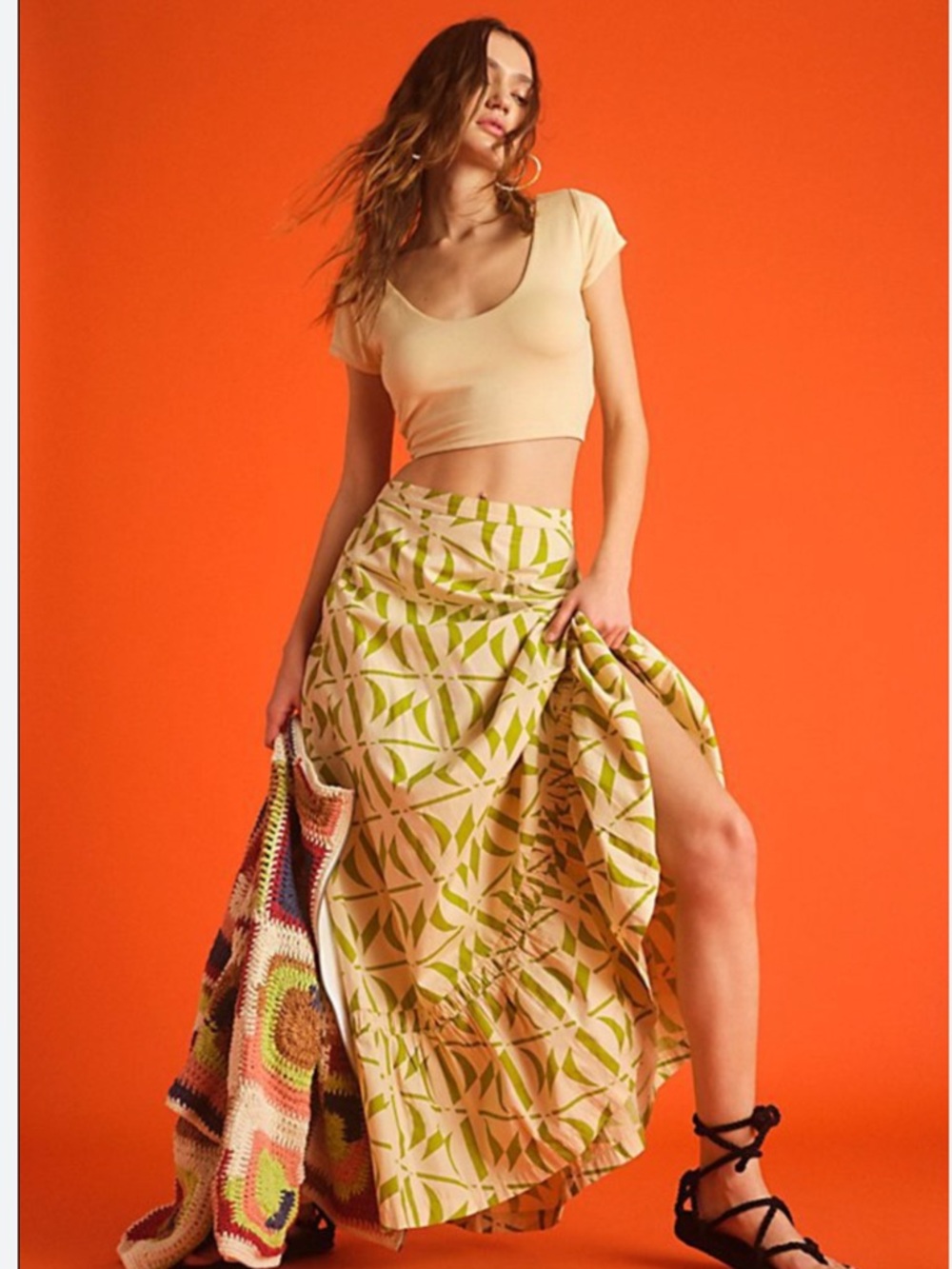 Free People Kenny Set w/ cropped cream tee and green print maxi skirt, S